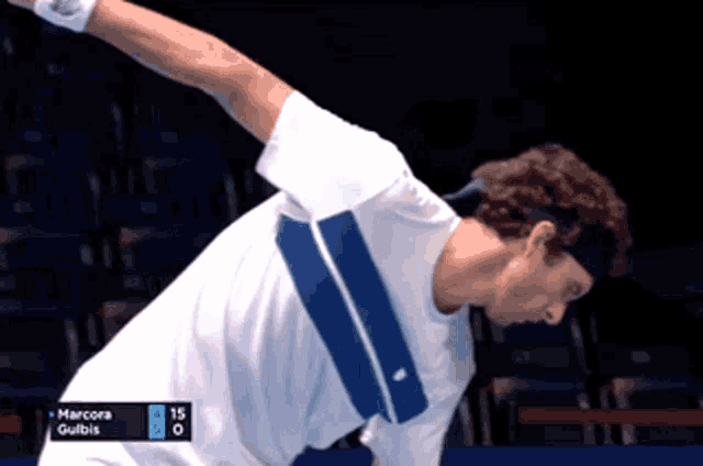 a tennis player named marcora gulbis is stretching his arm out