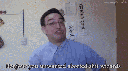 a man wearing glasses is standing in front of a wall and says bonjour you unwanted aborted shit wizards