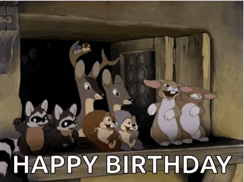 a group of animals standing in front of a window with the words happy birthday