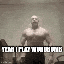 a man without a shirt is standing in front of a barbell with the words `` yeah i play wordbomb '' .