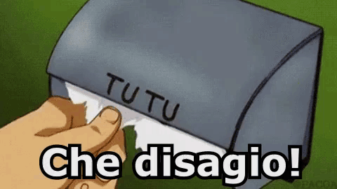 a person is holding a roll of tissues in front of a toilet paper dispenser that says tutu che disagio !