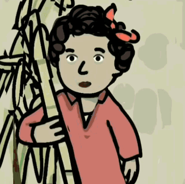 a cartoon drawing of a girl holding a bamboo plant