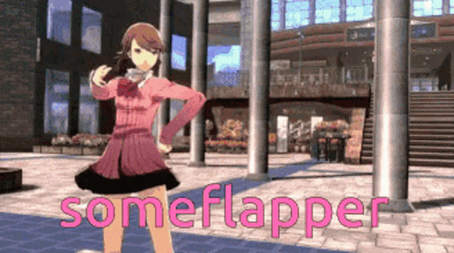 a girl in a pink dress is dancing in front of a building with the words someflapper written in pink
