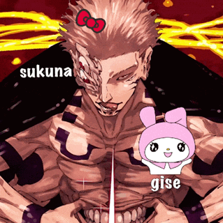 a drawing of a man with a bow on his head and the words sukuna gise