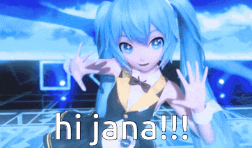 a girl with blue hair and a bow tie is saying hi jana