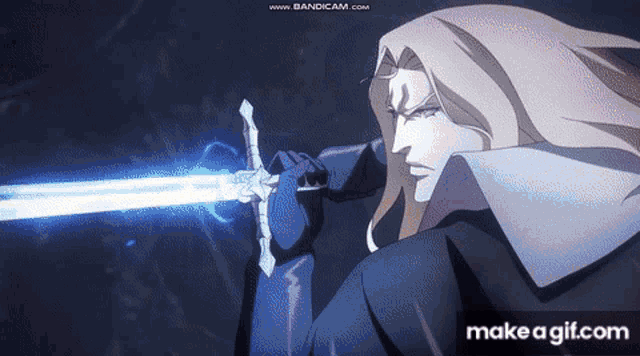 a man with long blonde hair is holding a blue sword in his right hand .