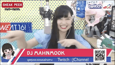 a woman is smiling in front of a microphone and a sign that says twitch channel