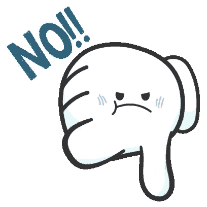 a cartoon hand is giving a thumbs down sign with the word no written on it .