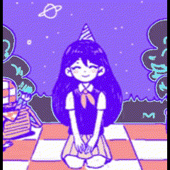 a girl is sitting on a checkered floor wearing a party hat and smiling .