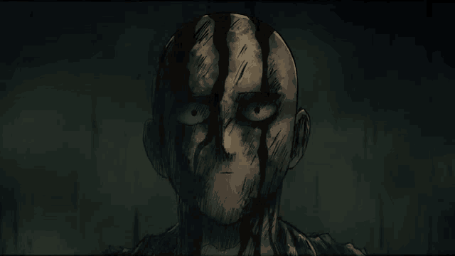a drawing of a man with a shaved head and green eyes
