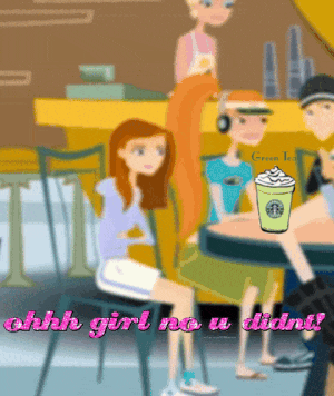 a cartoon of a girl sitting at a table with a cup of starbucks coffee