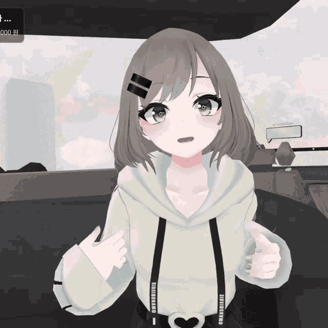 a girl with a hoodie that says ' skateboarder ' on it is giving a thumbs up