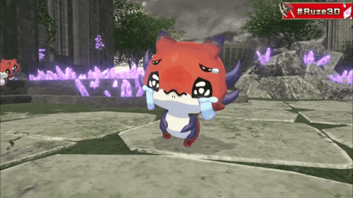 a video game screen shows a red monster with purple horns and the words # ruze3d