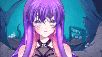 a girl with purple hair and a necklace that says oc on it