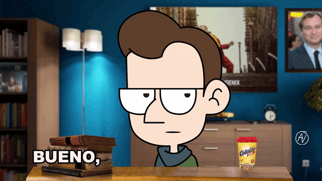 a cartoon of a man sitting at a table with a cup of colgate