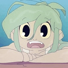 a cartoon girl with green hair and big eyes is laying on a table with her head on her arm .