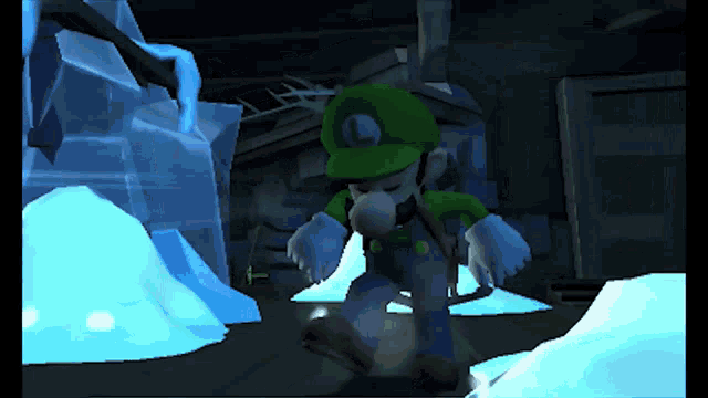 a video game character named luigi is standing in front of a pile of ice