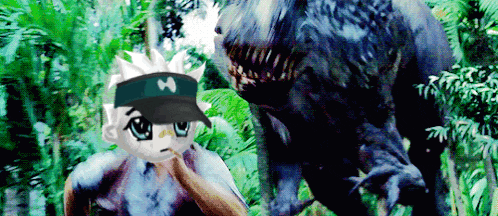 a boy in a baseball cap with the letter m on it stands next to a dinosaur