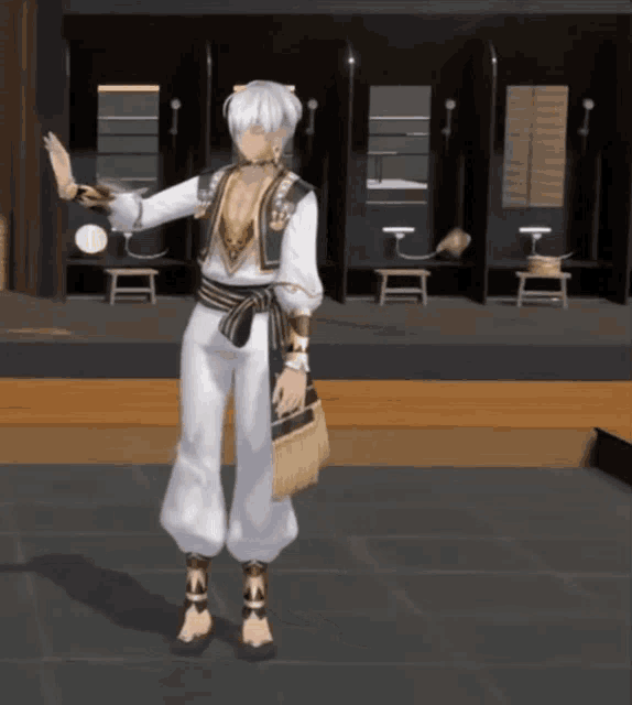 a man in a white and gold outfit is dancing
