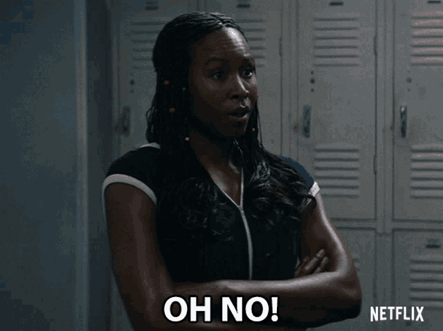 a woman with her arms crossed says oh no in front of a netflix logo