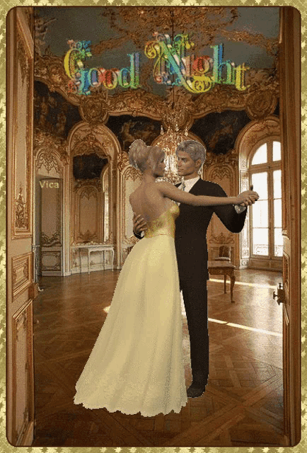 a man and woman are dancing in a room with the words good night written above them