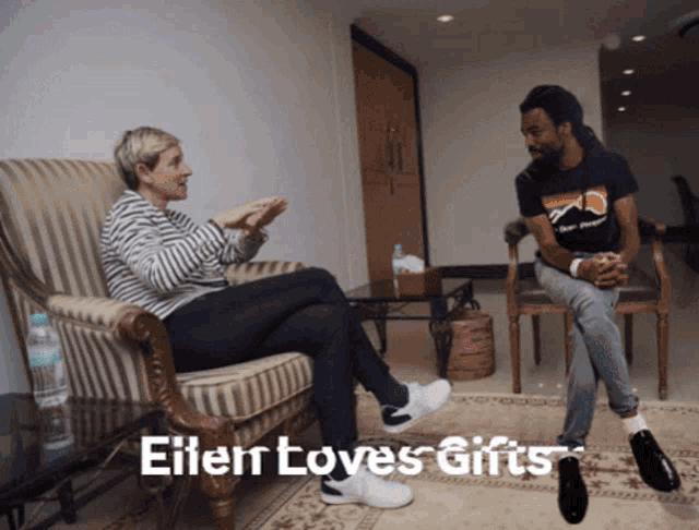 a woman sits in a chair talking to a man with the words " ellen loves gifts " on the bottom