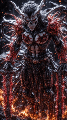 a statue of a demon holding two swords