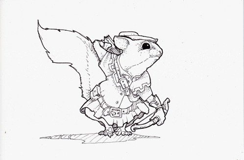 a black and white drawing of a squirrel with a hat on