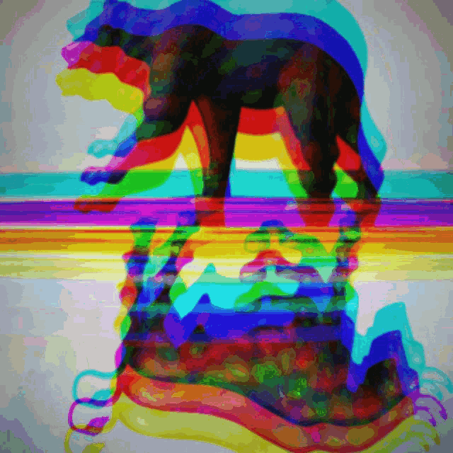 a colorful painting of a bear standing on a rainbow background