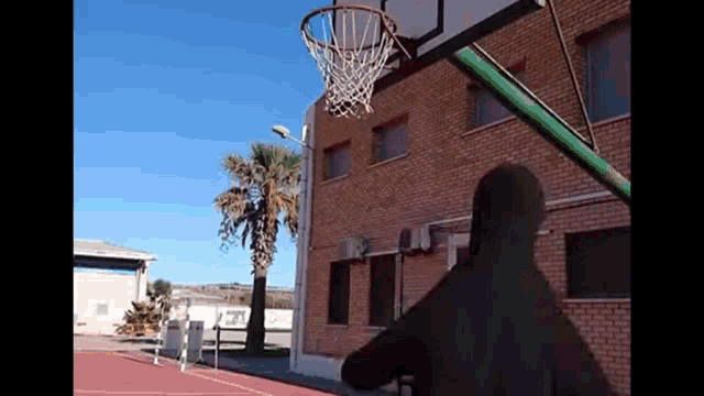 a man is playing basketball in front of a brick building and a palm tree