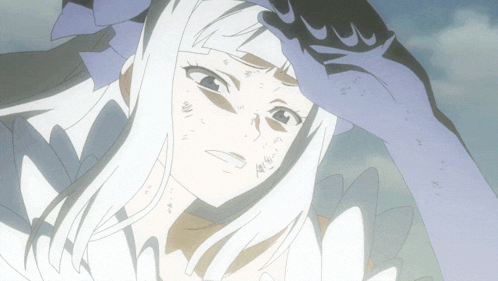 a drawing of a girl with white hair and a blue hand on her head