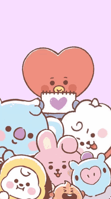 a group of cartoon characters are standing next to each other with a heart in the middle .
