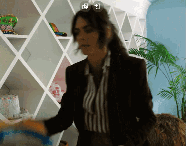 a woman in a striped shirt is standing in front of a shelf with a picture of her on it