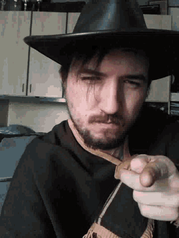 a man with a beard is wearing a cowboy hat and pointing at the camera .