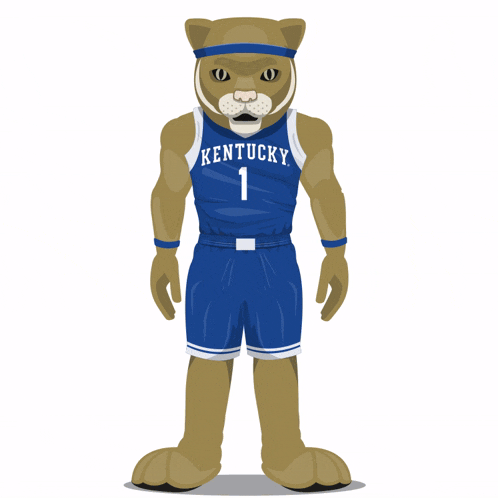 a mascot for the kentucky basketball team wearing a blue jersey and shorts
