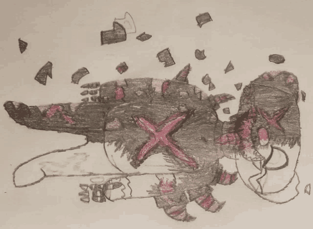 a drawing of a dinosaur with a red cross on its face