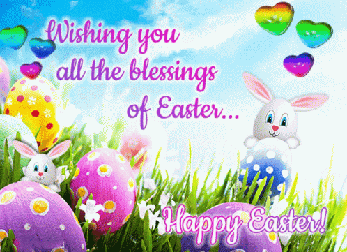 a happy easter card with easter eggs and hearts