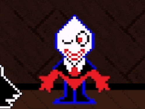 a pixel art drawing of a skeleton in a red and white suit .