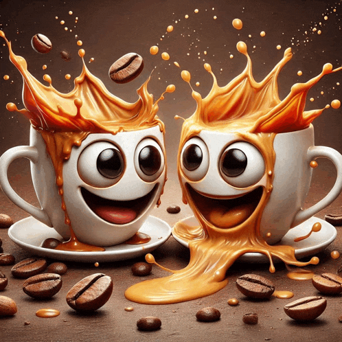 two cups of coffee with smiley faces on them and coffee beans around them