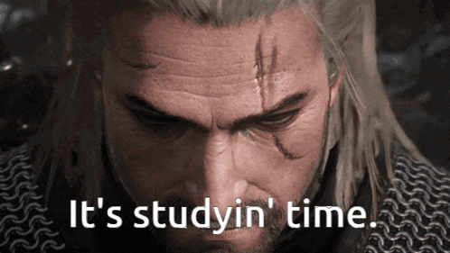 a close up of a man 's face with the words " it 's studyin ' time "
