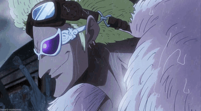 a drawing of a man wearing sunglasses and a fur coat with the words heart-nakama written on the bottom