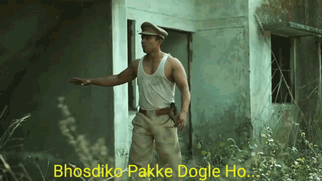 a man standing in front of a building with the words bhosdiko pakke dogle ho written on the bottom