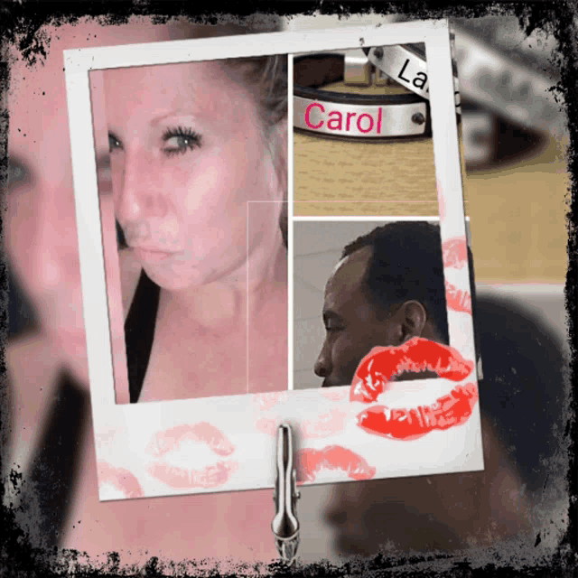 a picture of a woman a man and a collar with the name carol on it