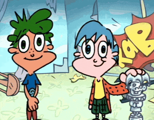 two cartoon characters standing next to each other with a sign that says " lol " behind them