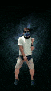 a man wearing a mask and sunglasses is dancing in front of a sign that says party