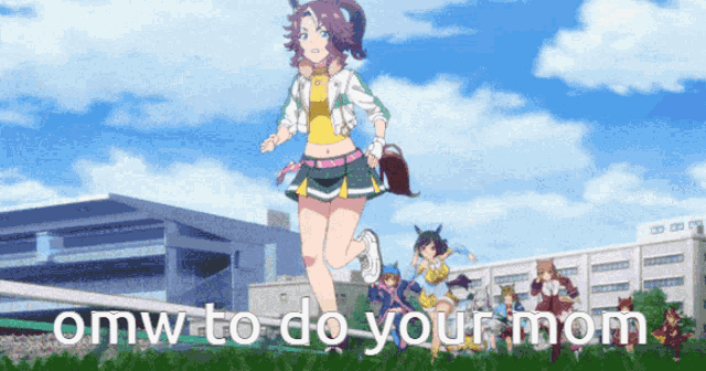 a cartoon of a girl running with the words omw to do your mom