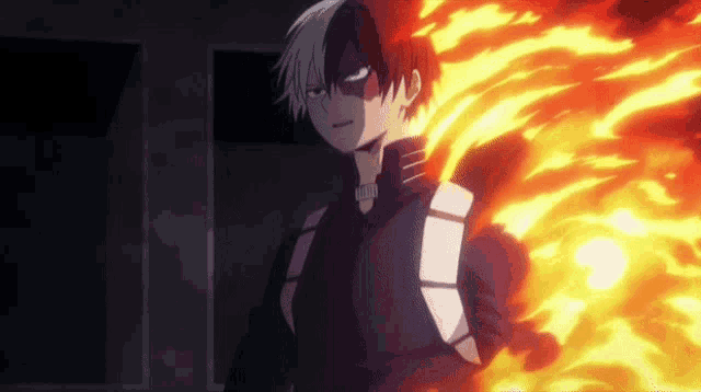 todoroki shouto from my hero academia is standing in front of a fireball .