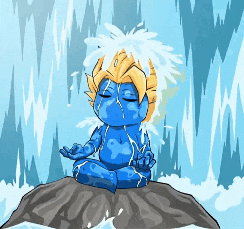 a blue cartoon character sits on a rock with water coming out of his eyes