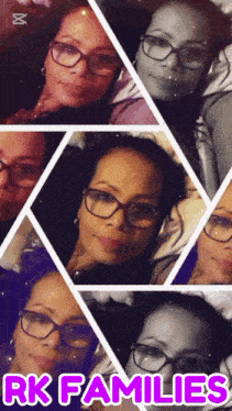 a collage of a woman wearing glasses and the words rk families on the bottom