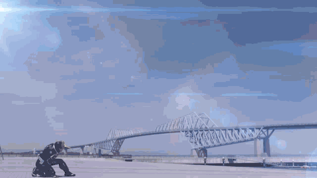 a person in a superhero costume stands in front of a bridge